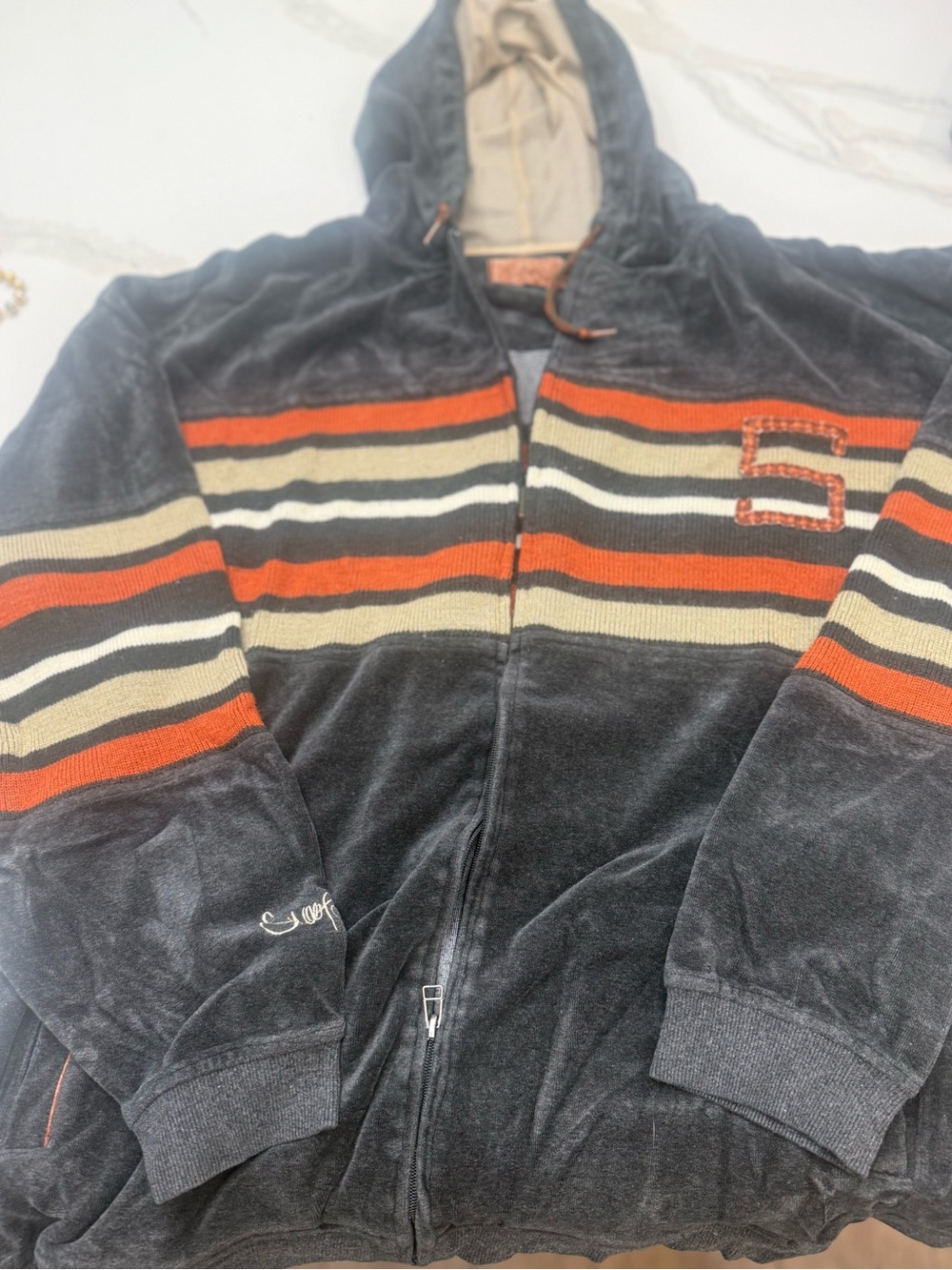 Snoop Dogg Striped Velour Hooded Zip-Up Velour Sweatsuit in Grey, Orange & Cream
